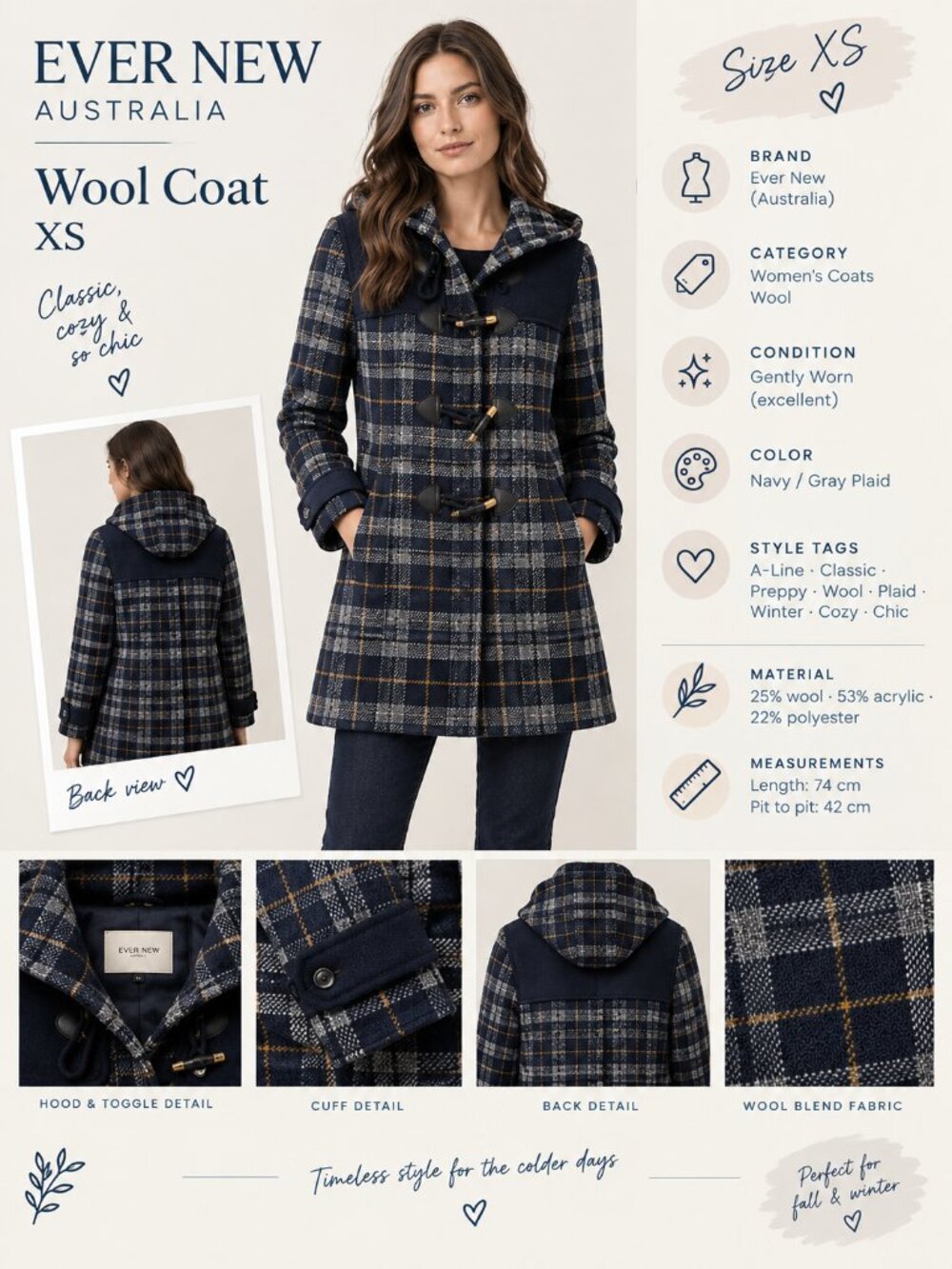 Super cute EVER NEW Australia wool navy coat XS